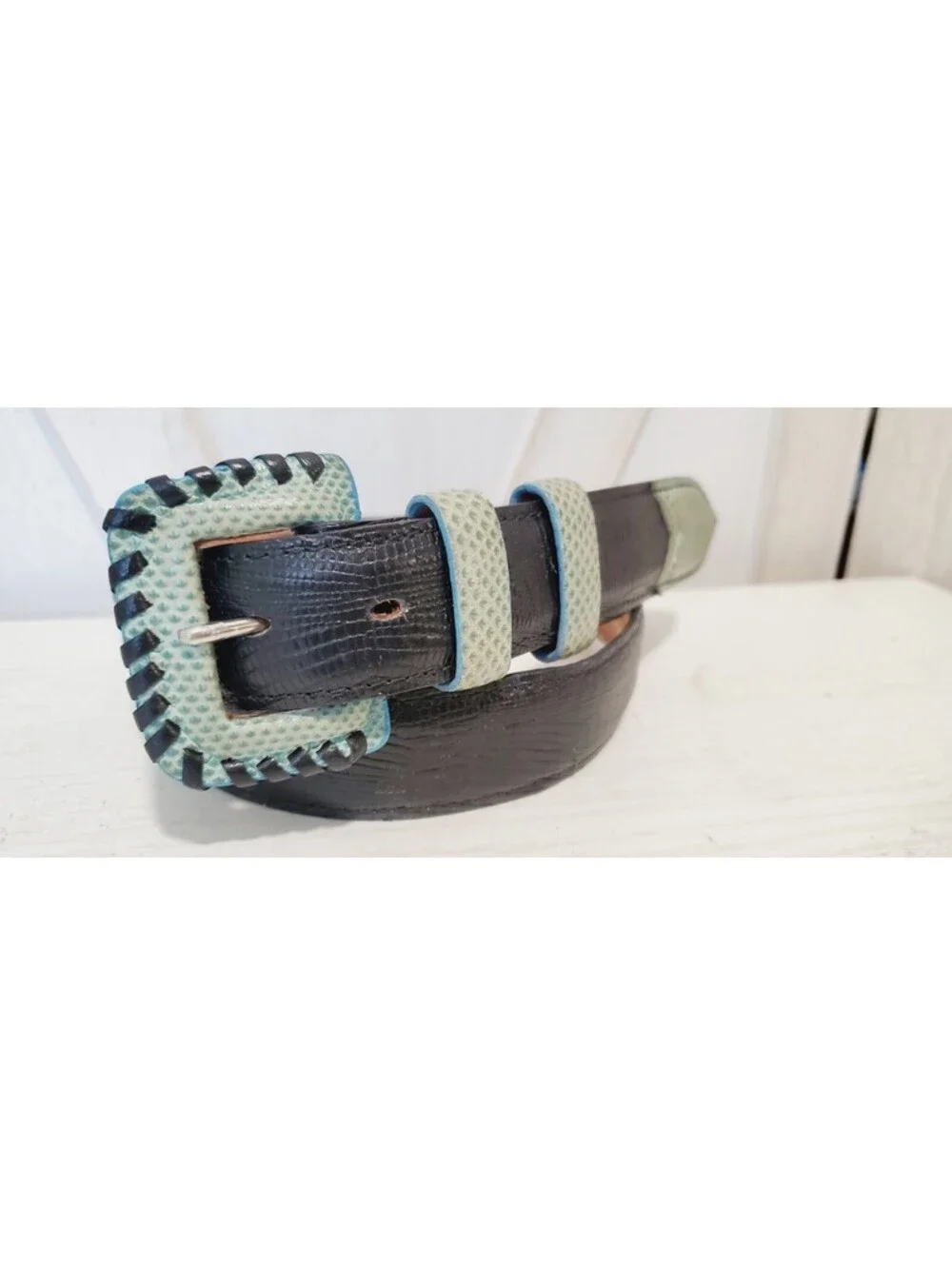 Medium Fred Coen Black Aqua Snakeskin Embossed Leather Western Belt Womens 36in
